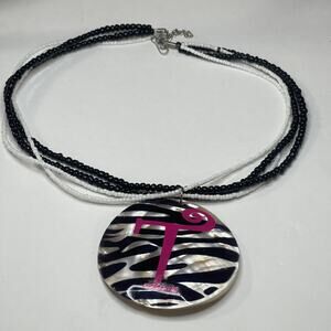 Initial monogram T letter necklace jewelry micro beaded beads white black shell